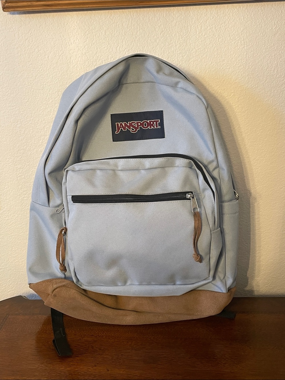 Jansport Light Blue Backpack with Brown Suede Base